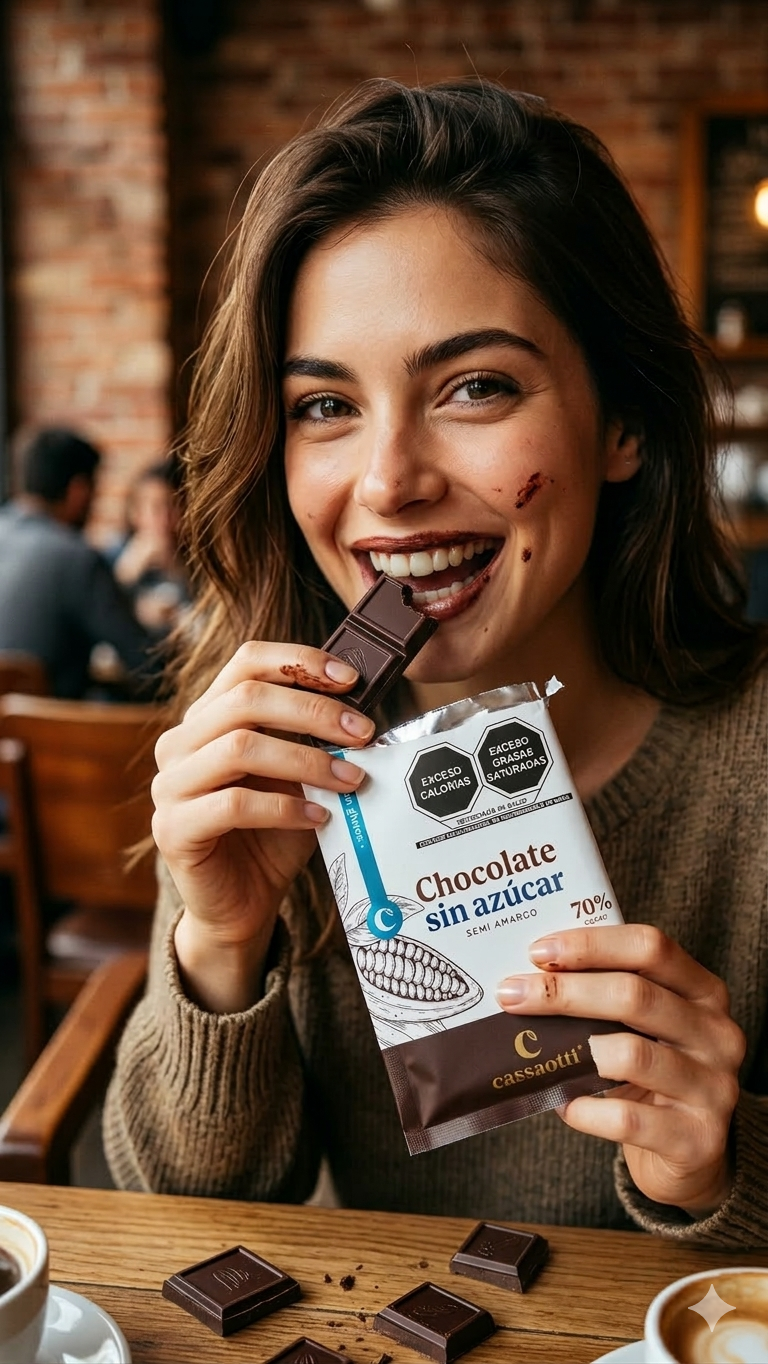 Mujer sonriente disfrutando una barra de chocolate sin azúcar Cassaotti