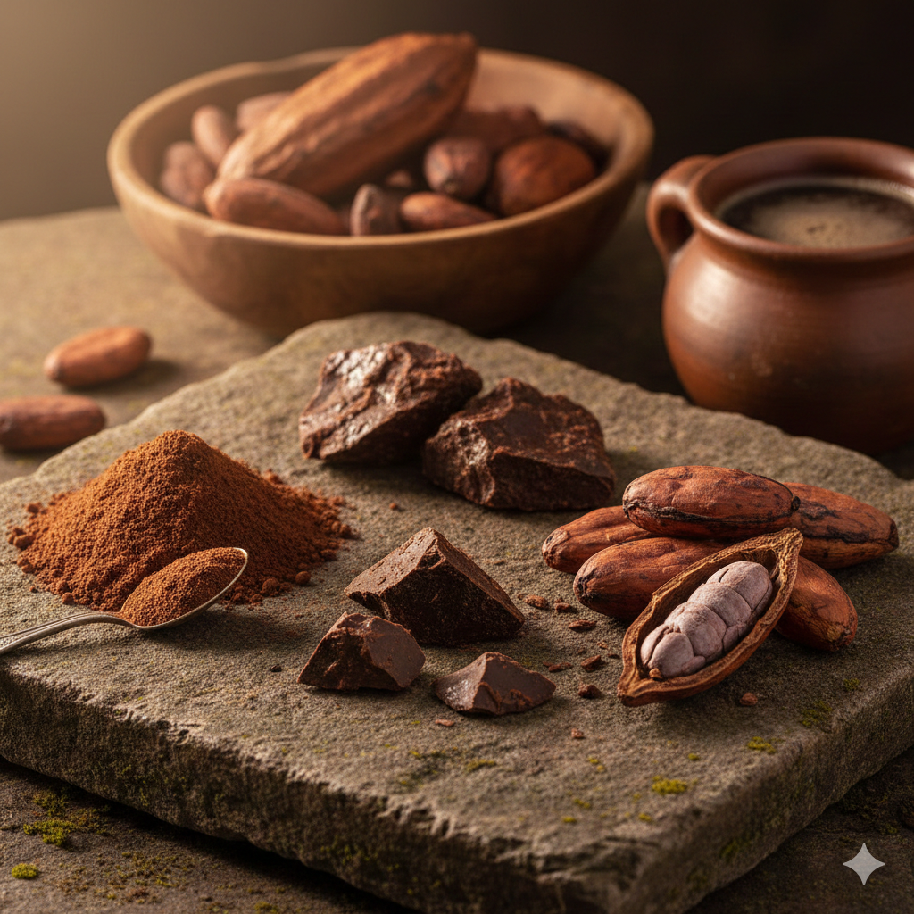 Granos de cacao, trozos de chocolate y cocoa en polvo sobre piedra