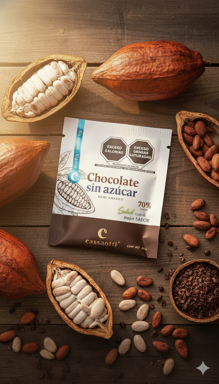 Chocolate sin azúcar Cassaotti junto a vainas de cacao abiertas